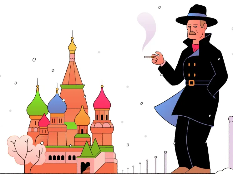 Illustration of a man in black coat and hat smoking near colorful Russian cathedral with small figures