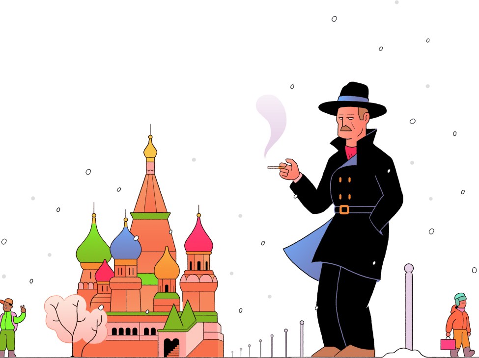 Illustration of a man in black coat and hat smoking near colorful Russian cathedral with small figures