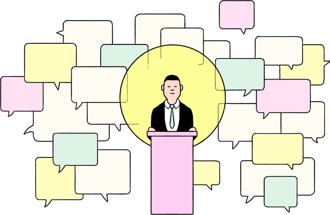 Illustration of a man at a podium surrounded by colorful speech bubbles representing political discourse and debate.