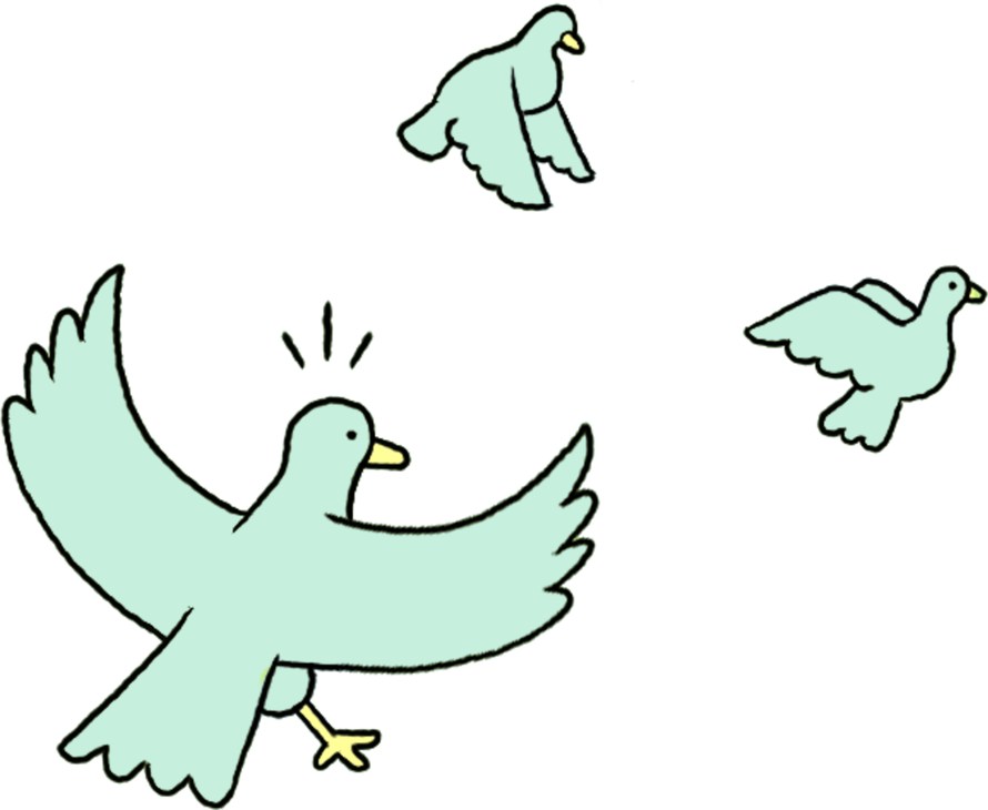 Illustration of three light green doves in flight with black outlines.