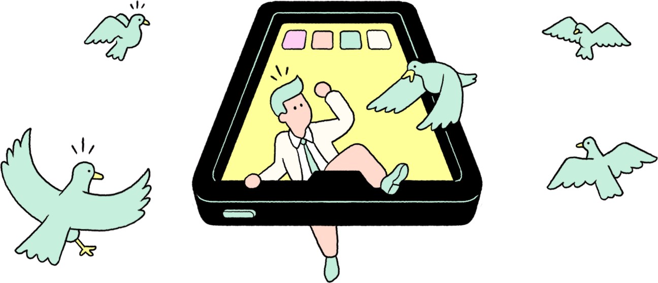 Illustration of a person inside a smartphone screen surrounded by flying birds.