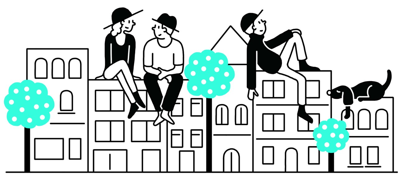 Illustration of people sitting and relaxing on urban residential buildings with turquoise trees.