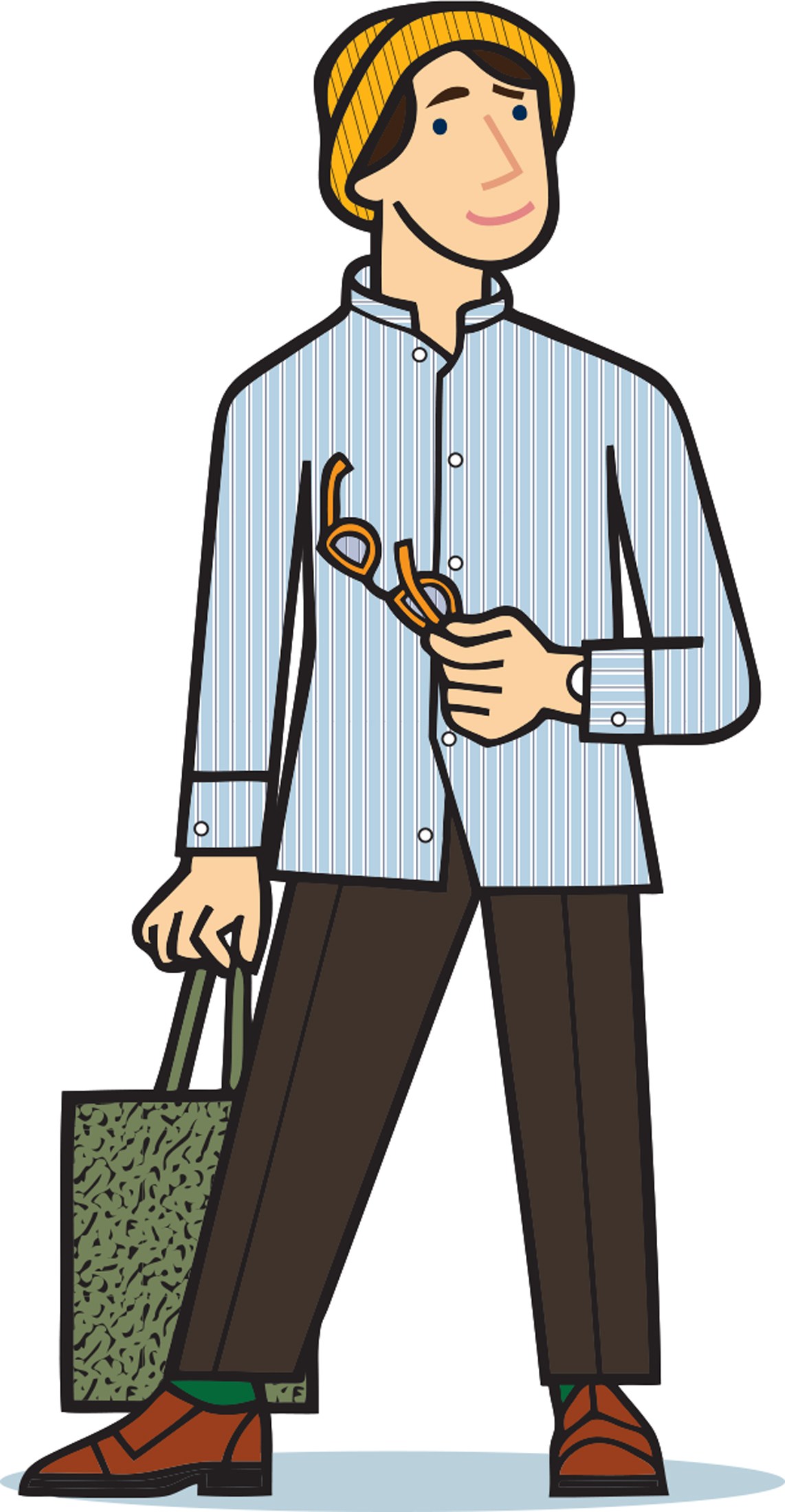 Illustration of a man wearing a light blue striped shirt and holding sunglasses.