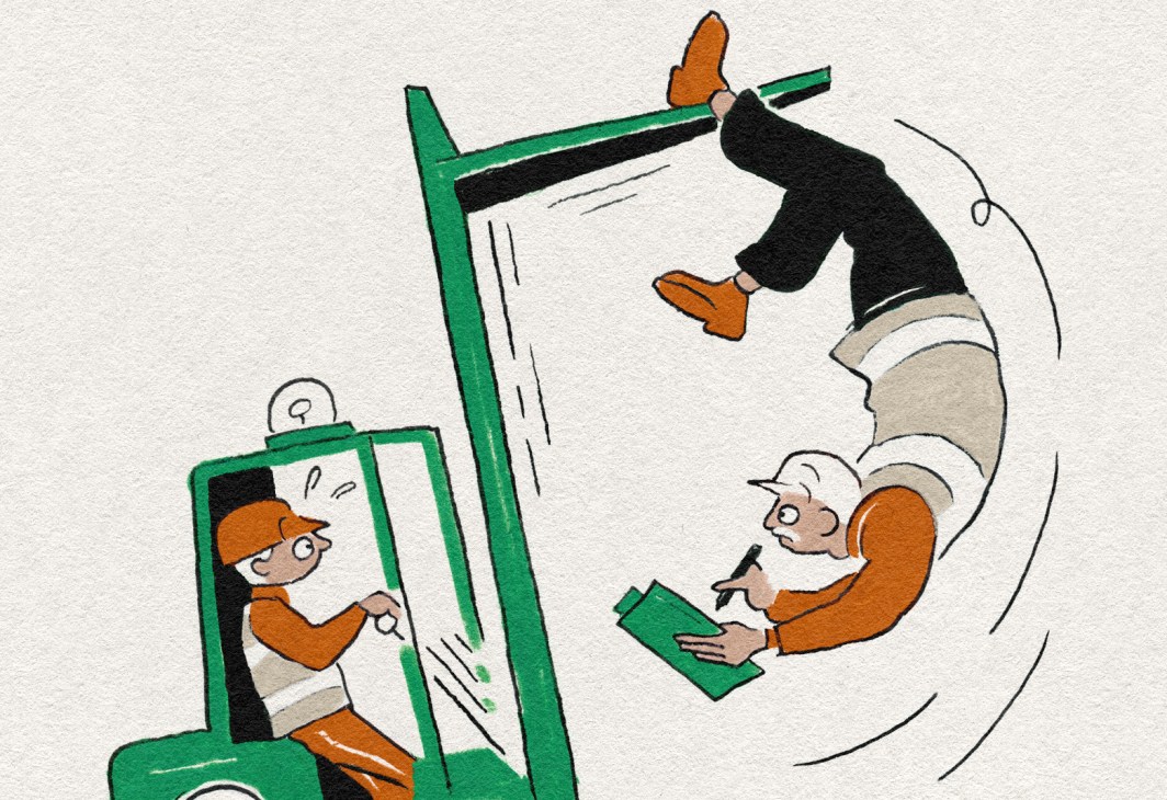Illustration showing people operating forklifts with one person appearing to fall or jump from equipment