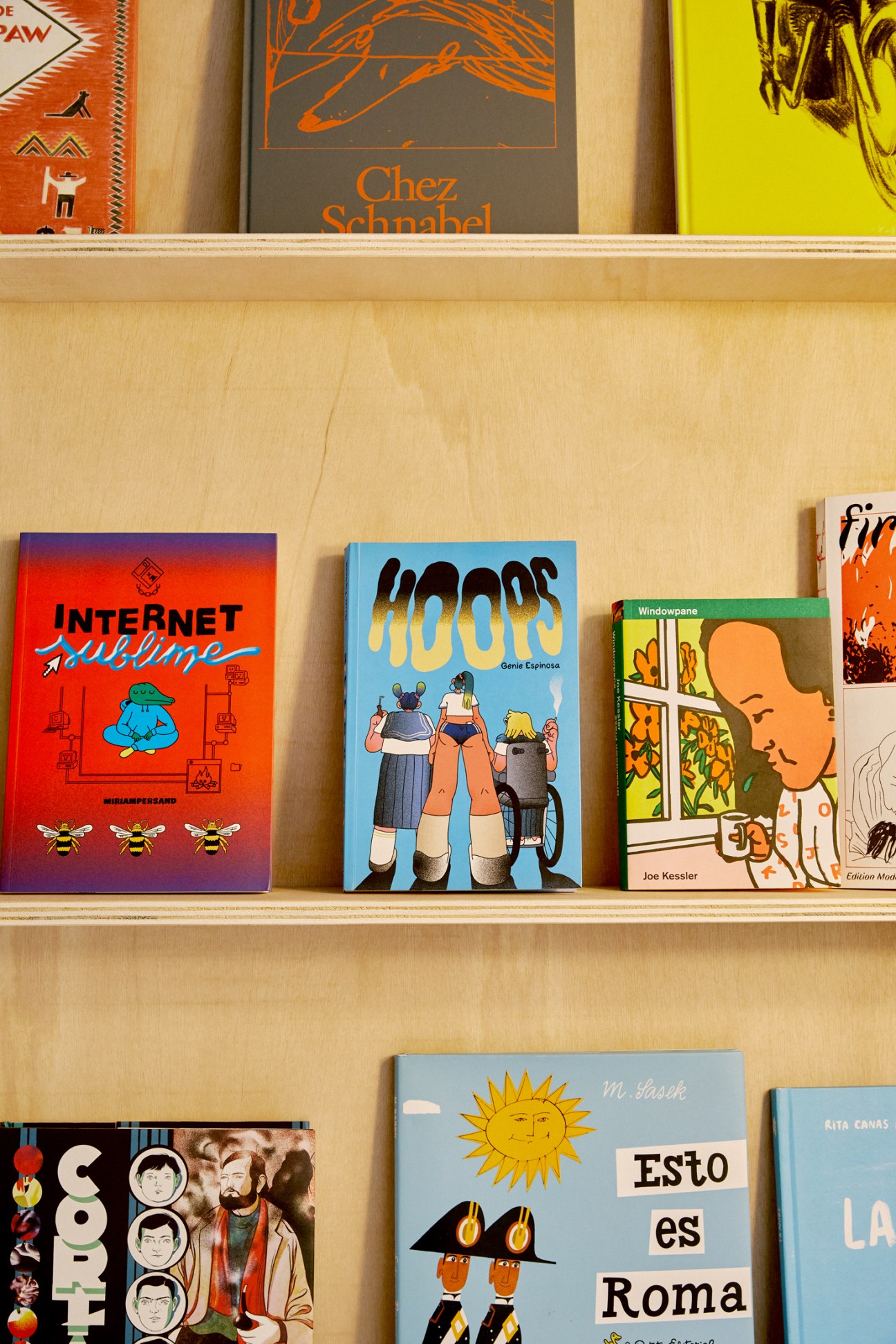 Collection of colorful comic books and graphic novels displayed on wooden shelves at La Gossa school library