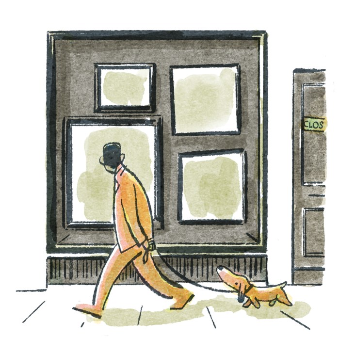 Illustration of a person walking past a vacant storefront with colorful art displayed in the windows