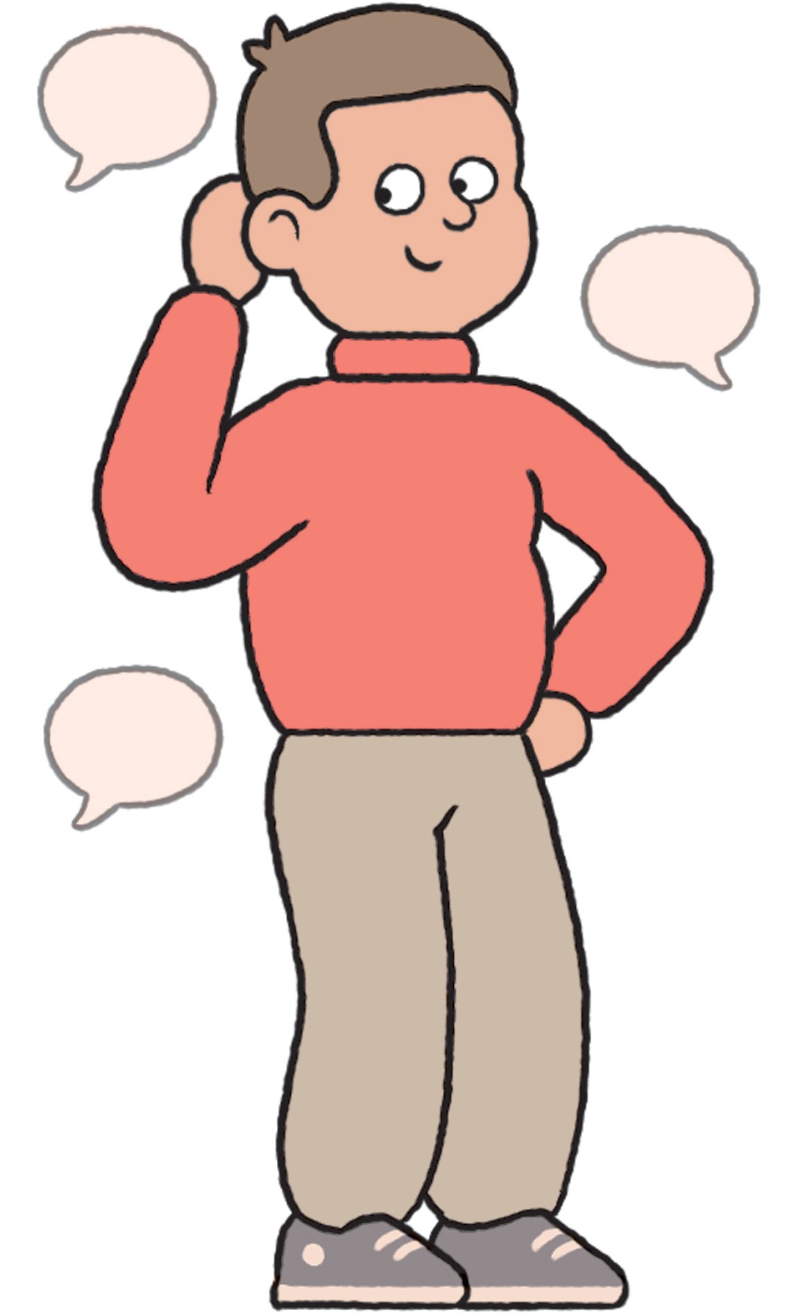 Cartoon illustration of a man in red sweater scratching his head with empty speech bubbles around him