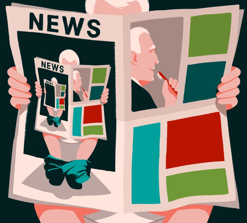 Stylized illustration of a person reading nested newspapers in an infinite recursive loop