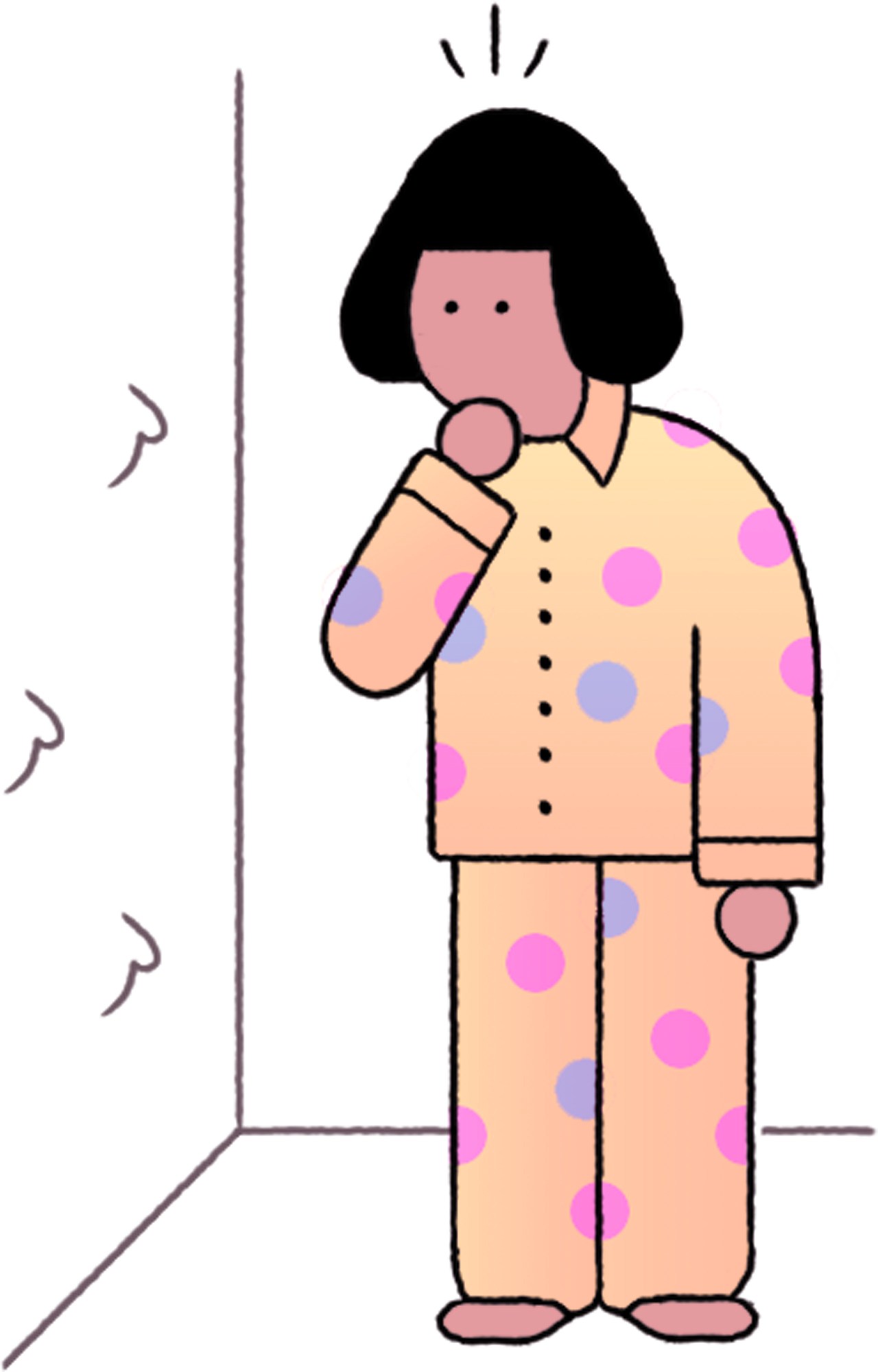 Person wearing polka-dot pajamas holding a microphone in a corner