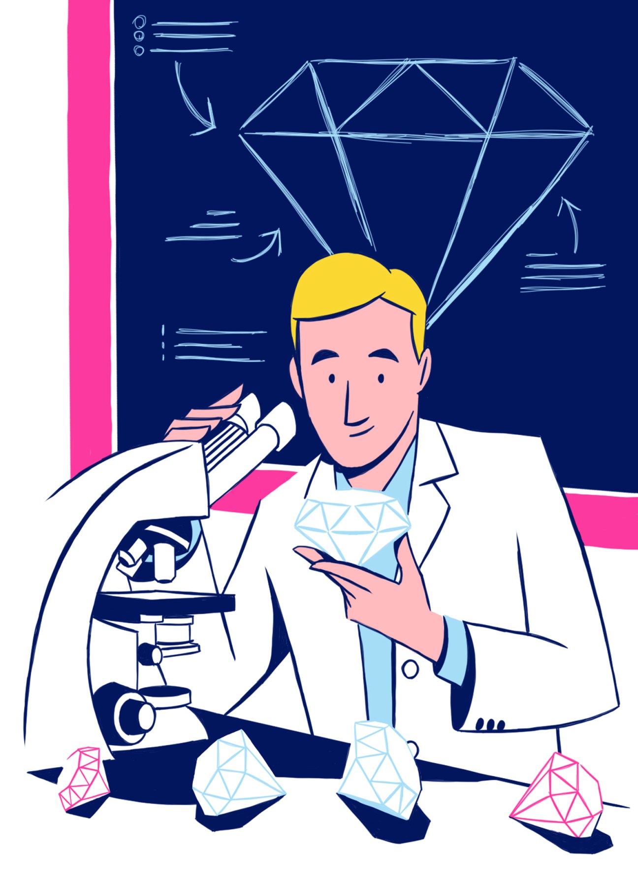 Scientist in lab coat examining lab-grown diamond with microscope and diamond illustrations in background