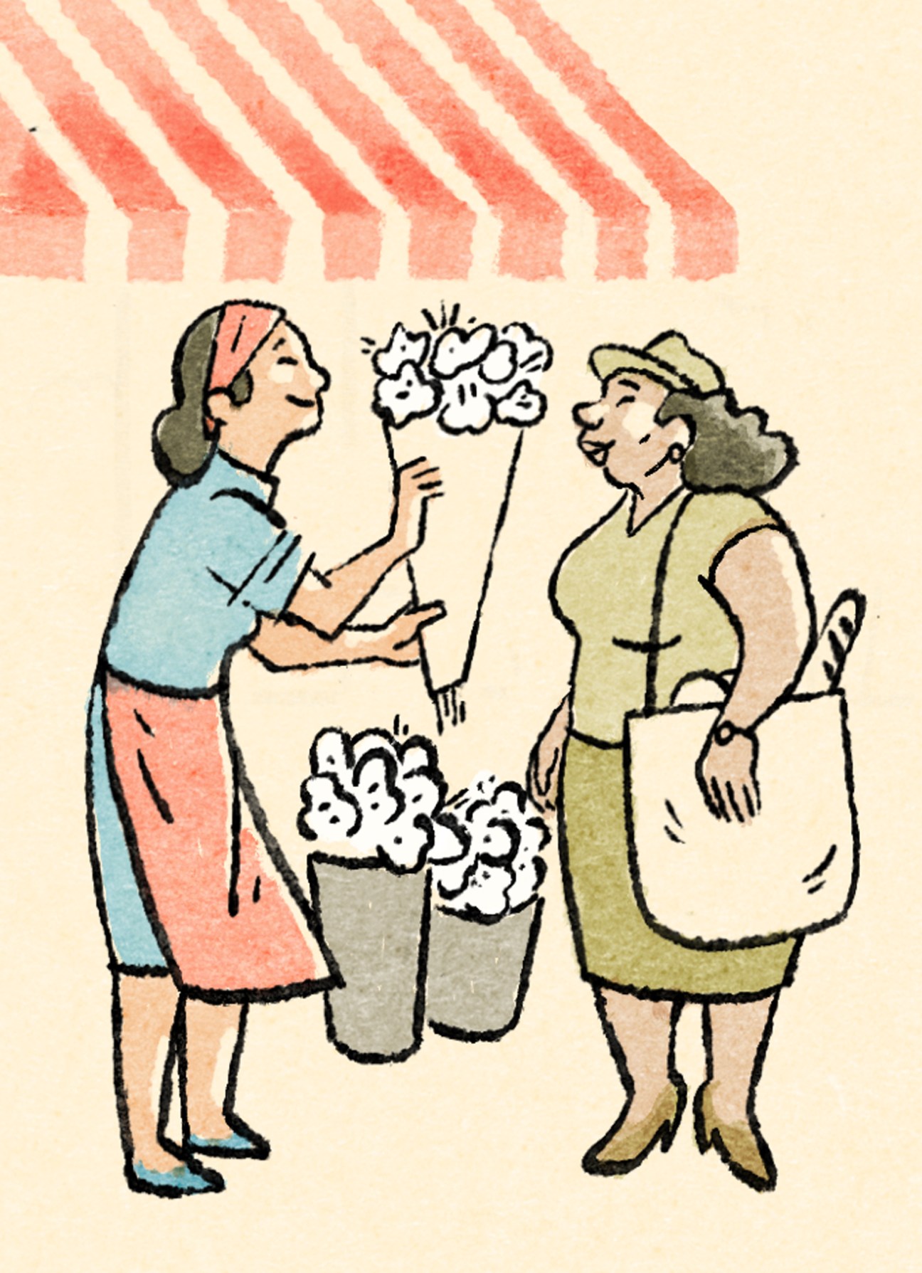 Two women at a market stall, one vendor arranging flowers in containers under a striped awning