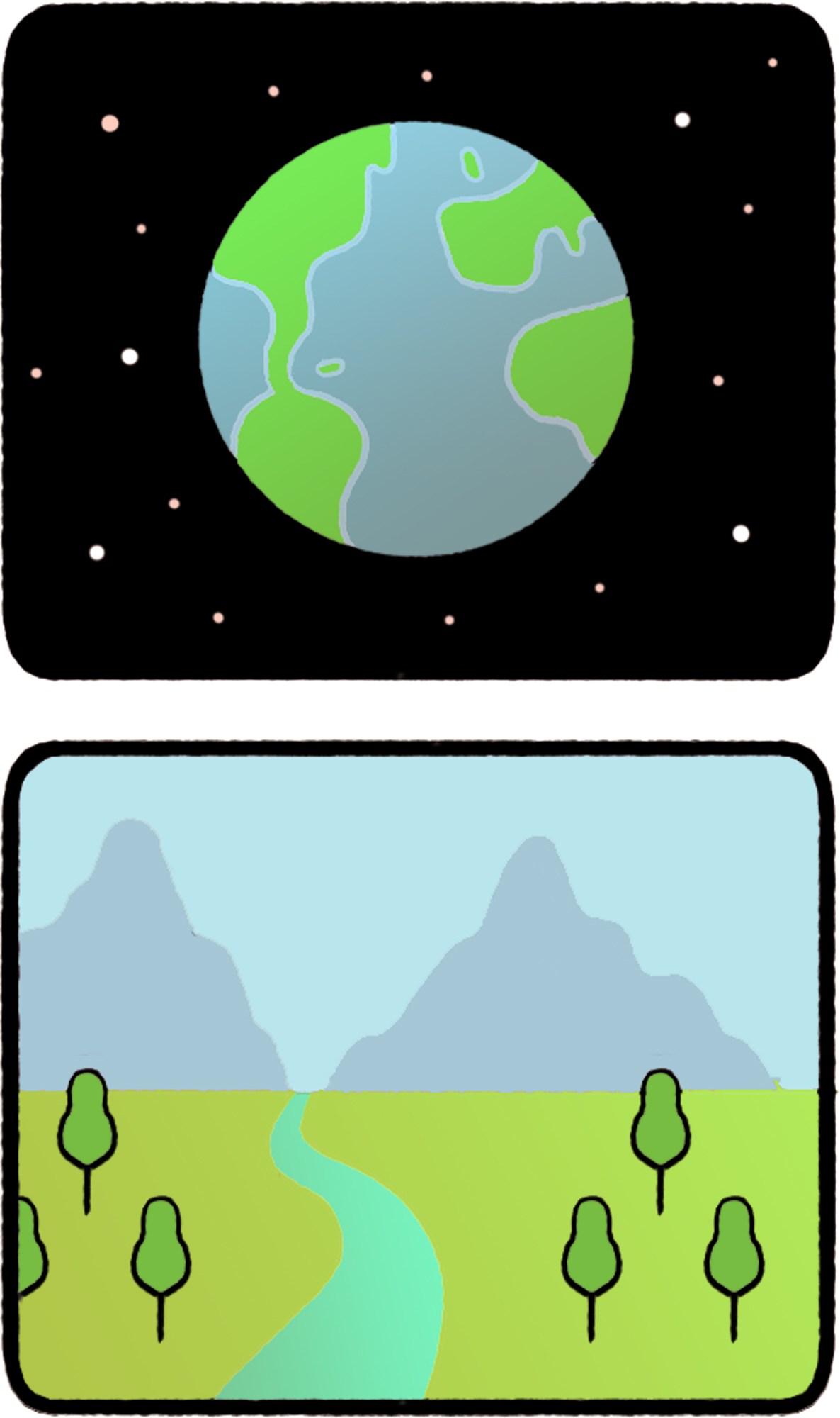 Illustrated landscape with green fields, blue river, mountains, and scattered trees under a light blue sky.