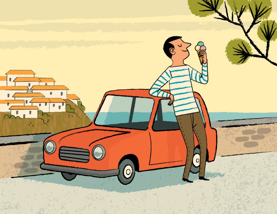 Man in striped shirt eating ice cream while leaning against orange convertible car by the seaside