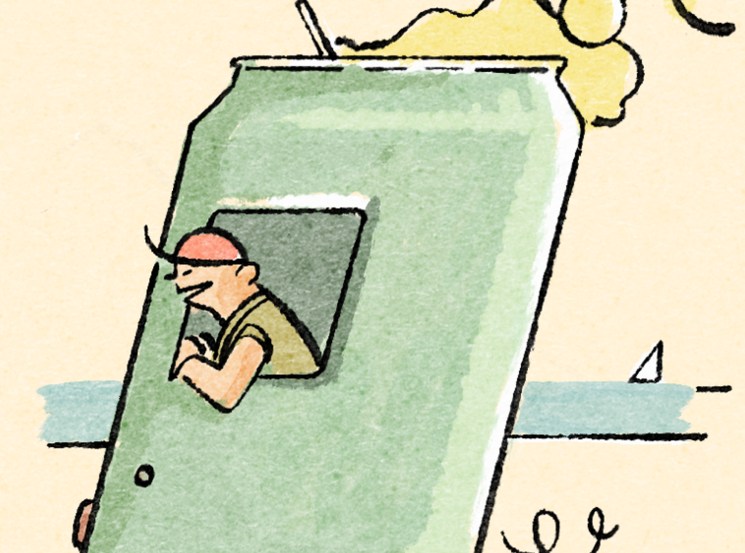 Green mobile canning van with driver visible through window and yellow steam or vapor coming from top