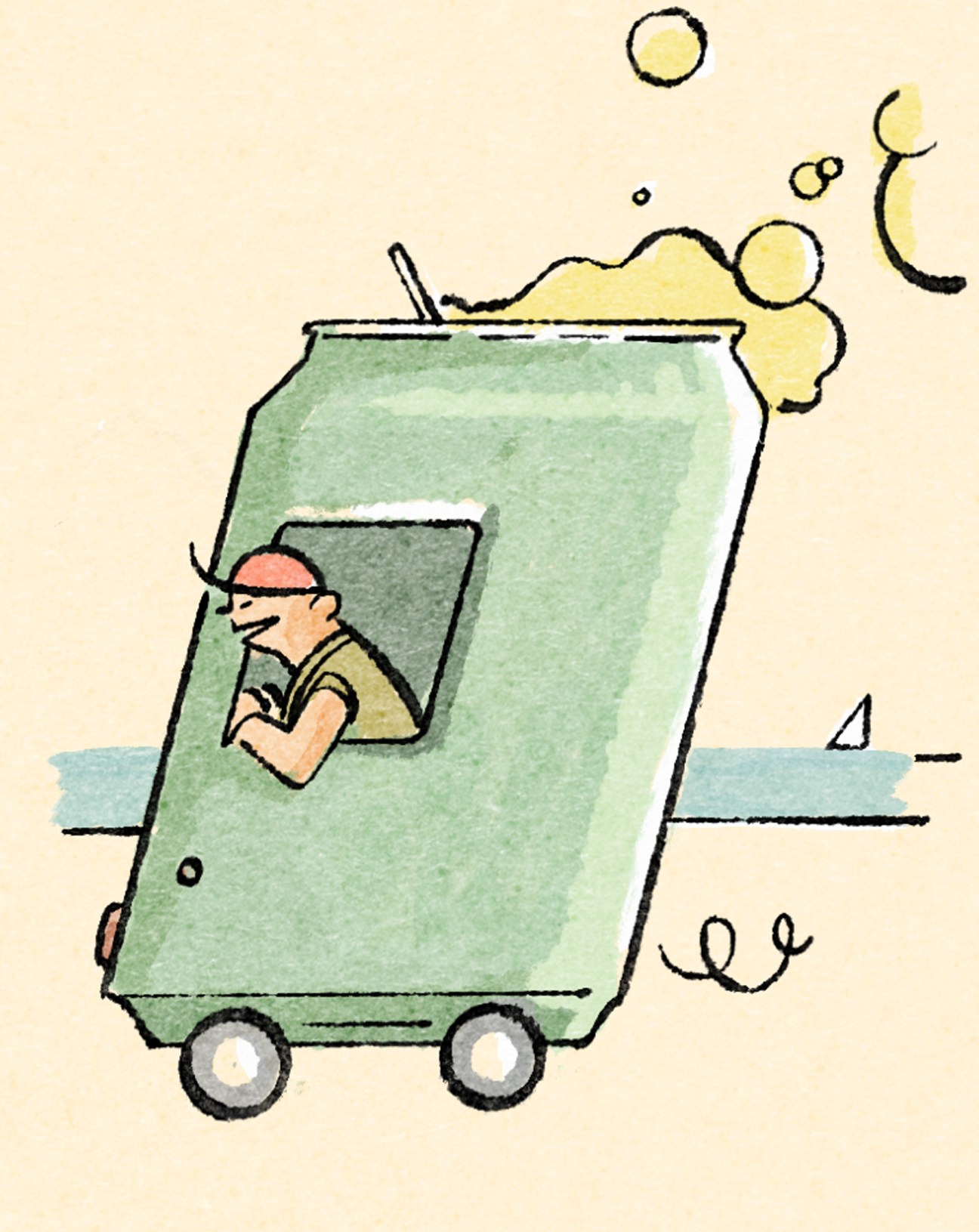 Green mobile canning van with driver visible through window and yellow steam or vapor coming from top
