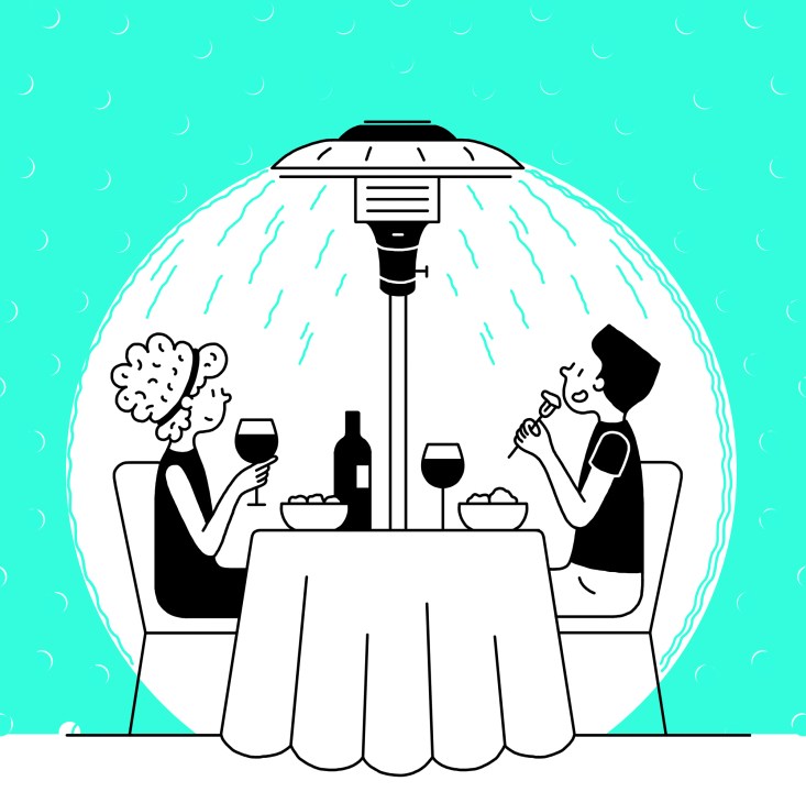 Illustration of two people dining at a table under a patio heater in an outdoor urban setting.