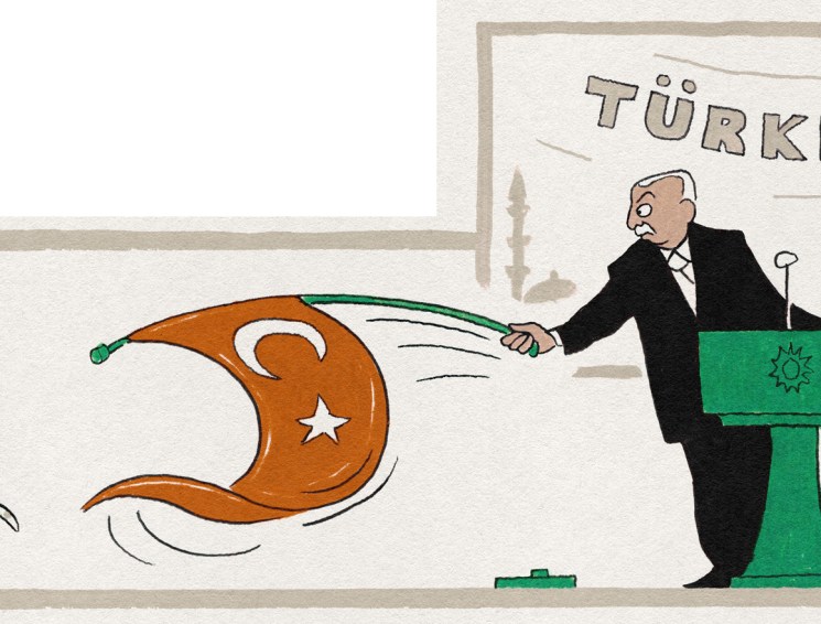 Illustration of Erdogan at podium pulling a tablecloth with Turkish flag design away from a black turkey