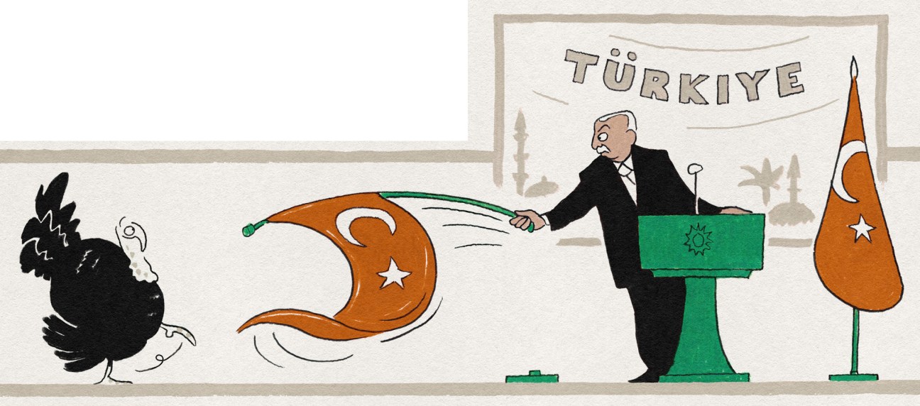 Illustration of Erdogan at podium pulling a tablecloth with Turkish flag design away from a black turkey