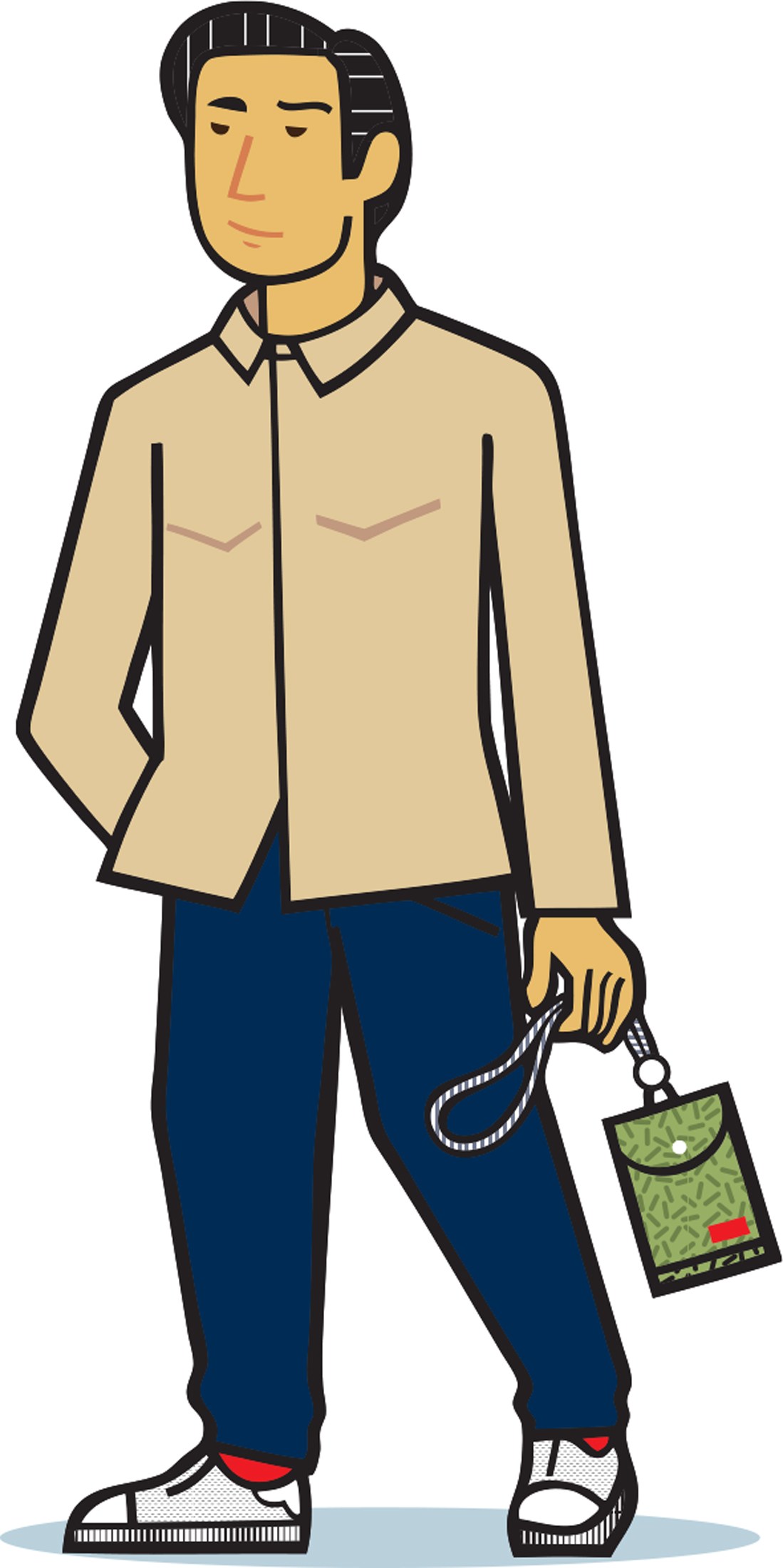 Illustrated figure wearing a beige shirt, navy trousers, and holding a green patterned accessory bag.