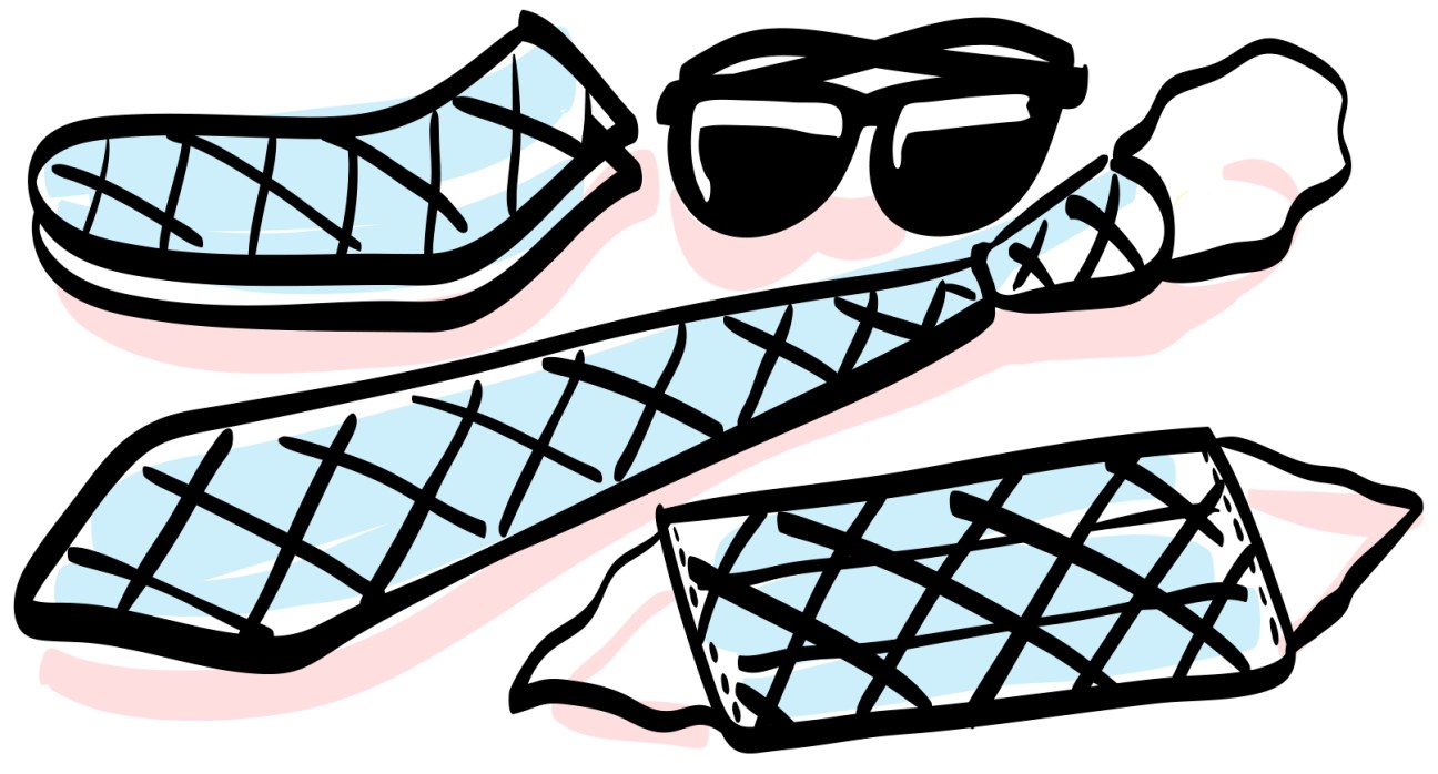 Illustration of quilted or latticed accessories including shoes, sunglasses, and garments in light blue and black.