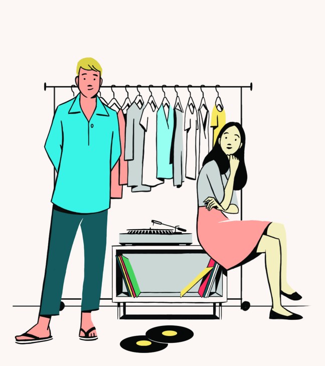 Illustration of a man in turquoise shirt and woman in pink skirt browsing clothing on a rack and vinyl records