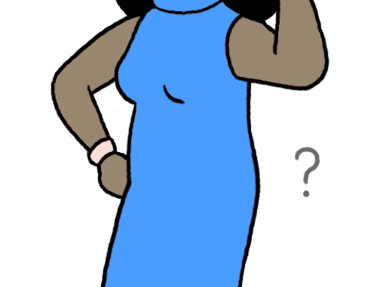 Woman in blue dress with confused expression surrounded by question marks