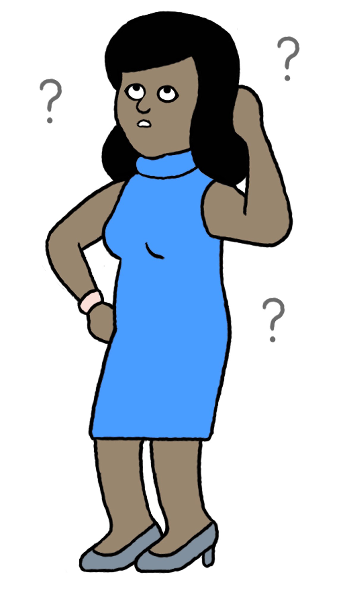 Woman in blue dress with confused expression surrounded by question marks