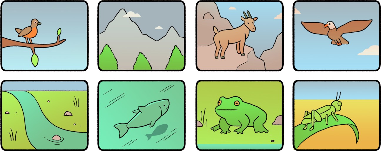 Illustration of eight different animals in their natural habitats including a bird, mountains, goat, eagle, river, fish, frog, and grasshopper.