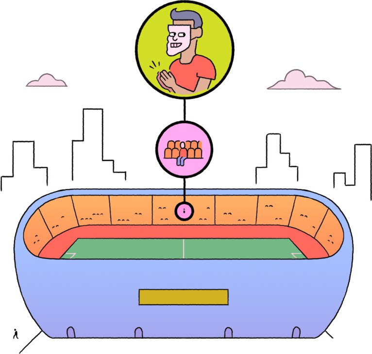 Illustrated stadium with person waving above crowd of seated figures in circular venue
