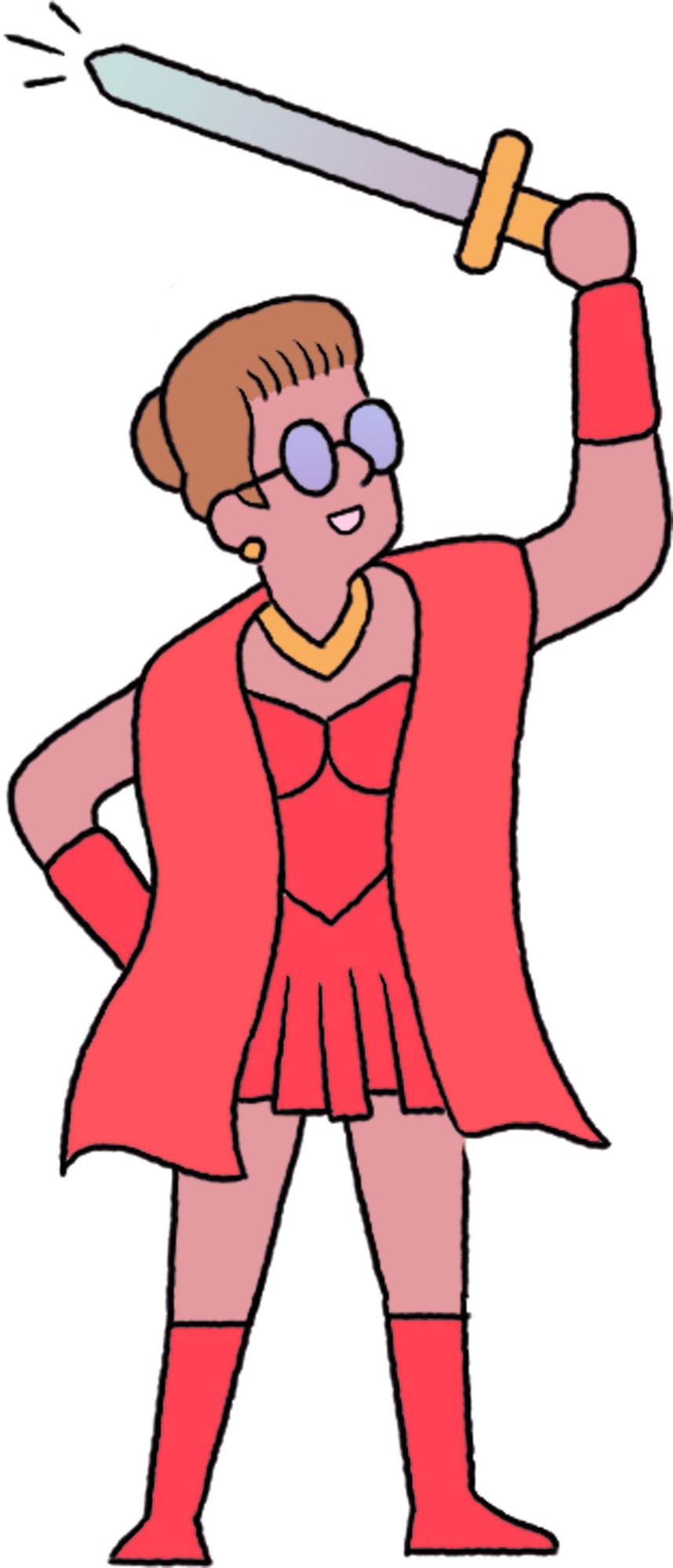 Person in red outfit and cape holding sword above head in heroic pose