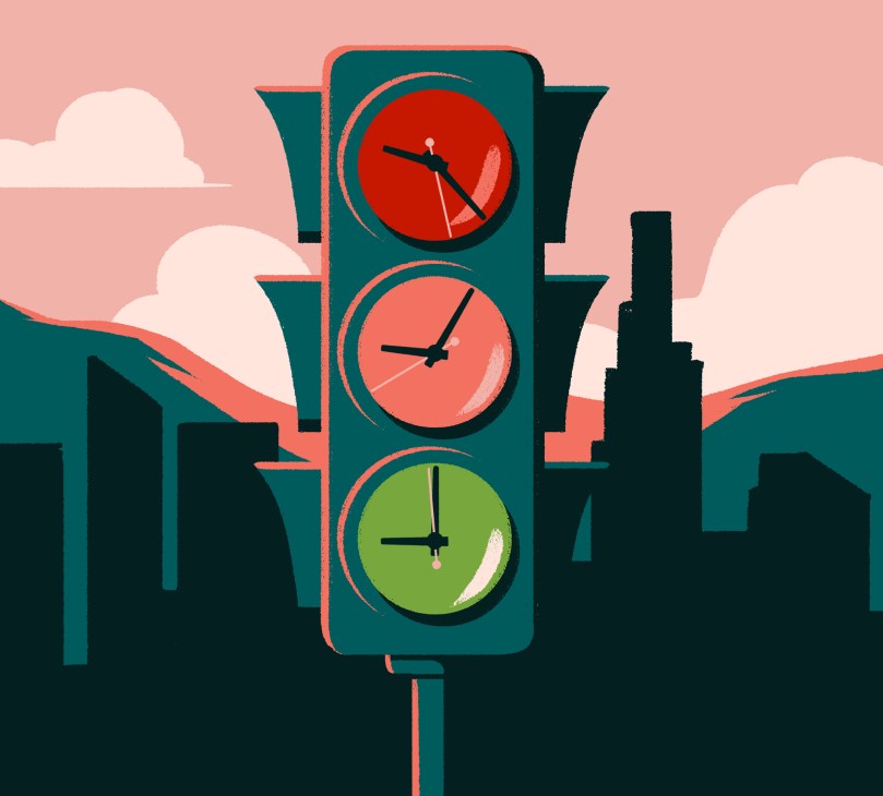 A stylized traffic light with clock faces instead of colored lights against a city skyline backdrop
