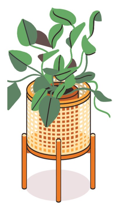 Illustration of Araheam's Mokuji planter cover stand with green plant in woven pot on wooden legs.