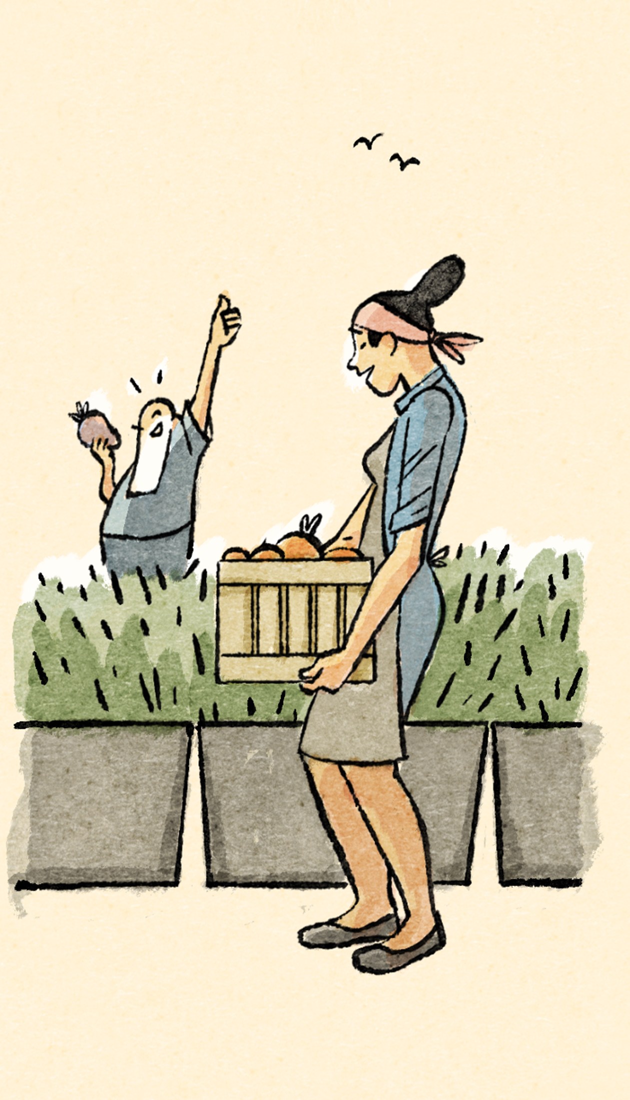 Woman tending to modular garden bed with vegetables while child plays in background