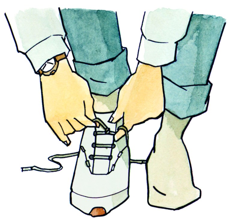 Watercolor illustration of hands lacing up white sneakers