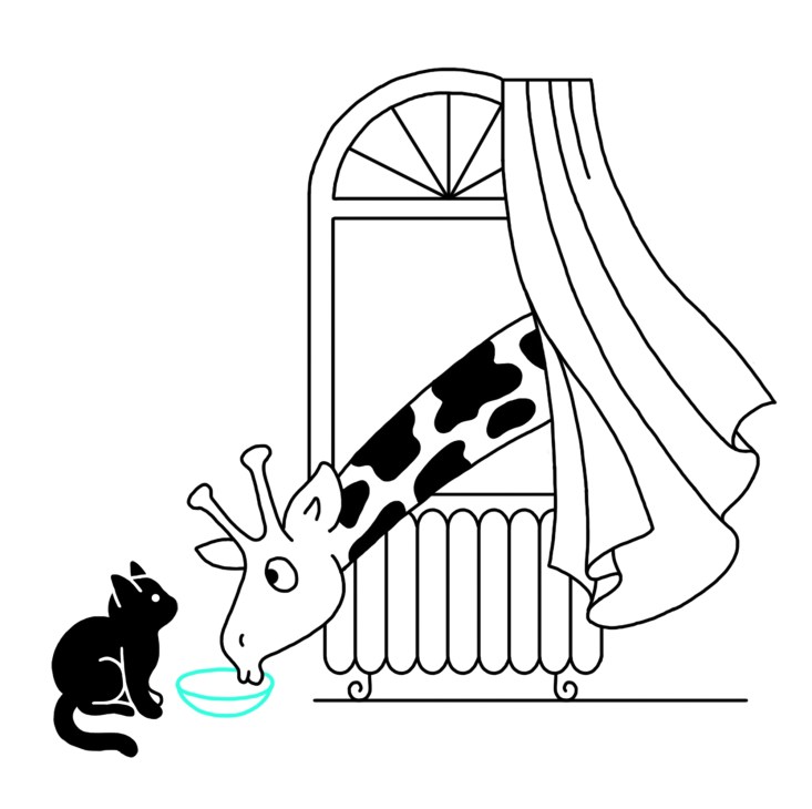 Line drawing illustration of a giraffe and rabbit looking out a window with curtains and shutters.