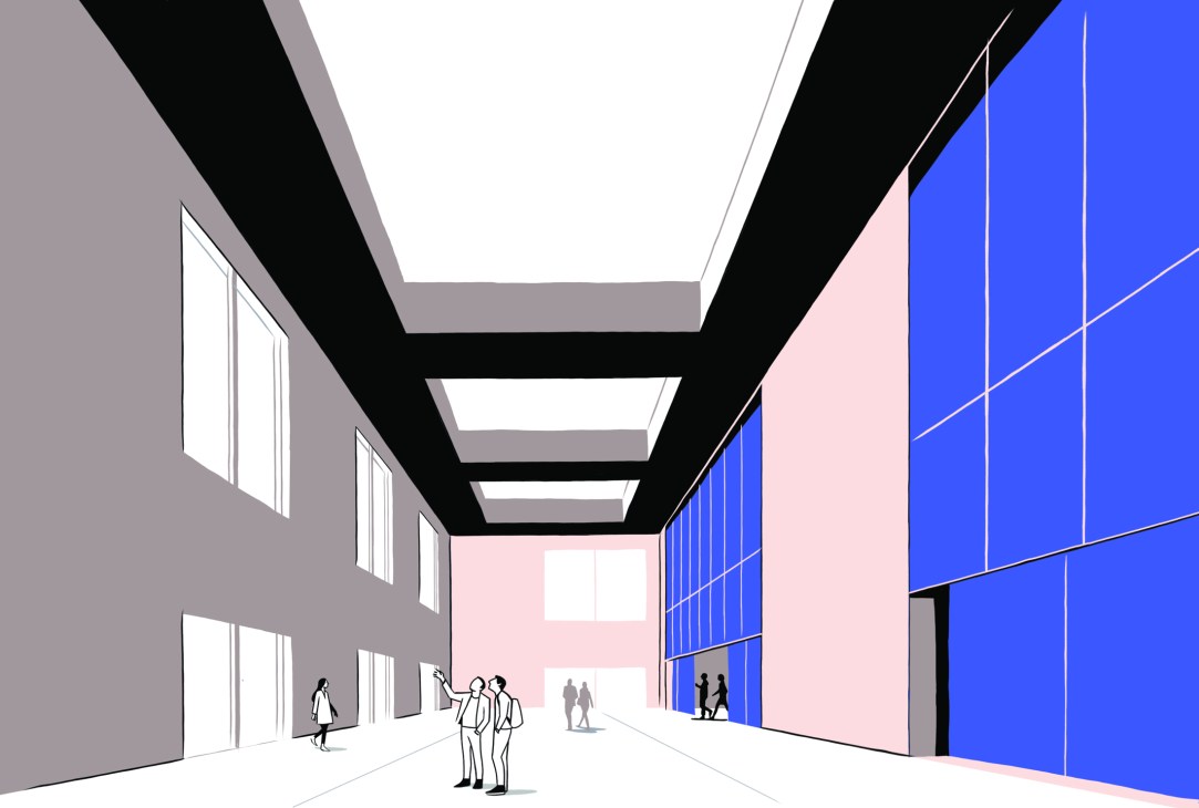 Interior view of Théâtre du Maillon showing colorful geometric architecture with blue panels and people silhouettes