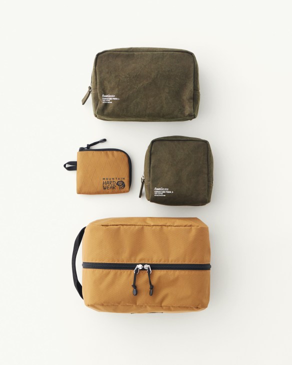 Three fabric pouches in olive and beige with zippers arranged on white background.