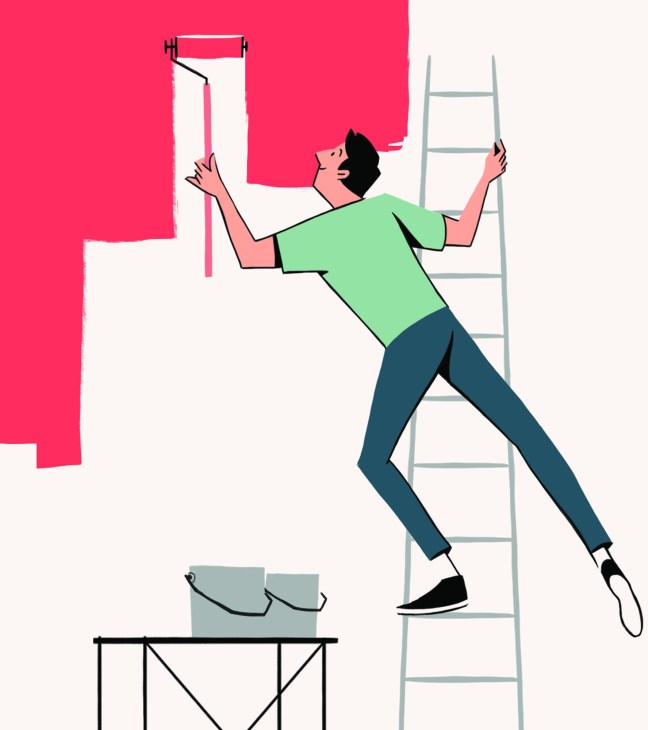 Illustration of a person on a ladder painting a wall bright pink with a paint roller.