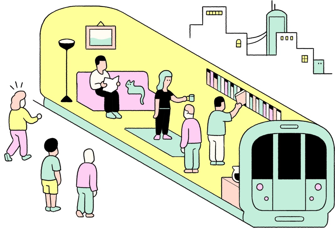 Illustration of diverse people in a bright interior space with a train or transit vehicle visible.