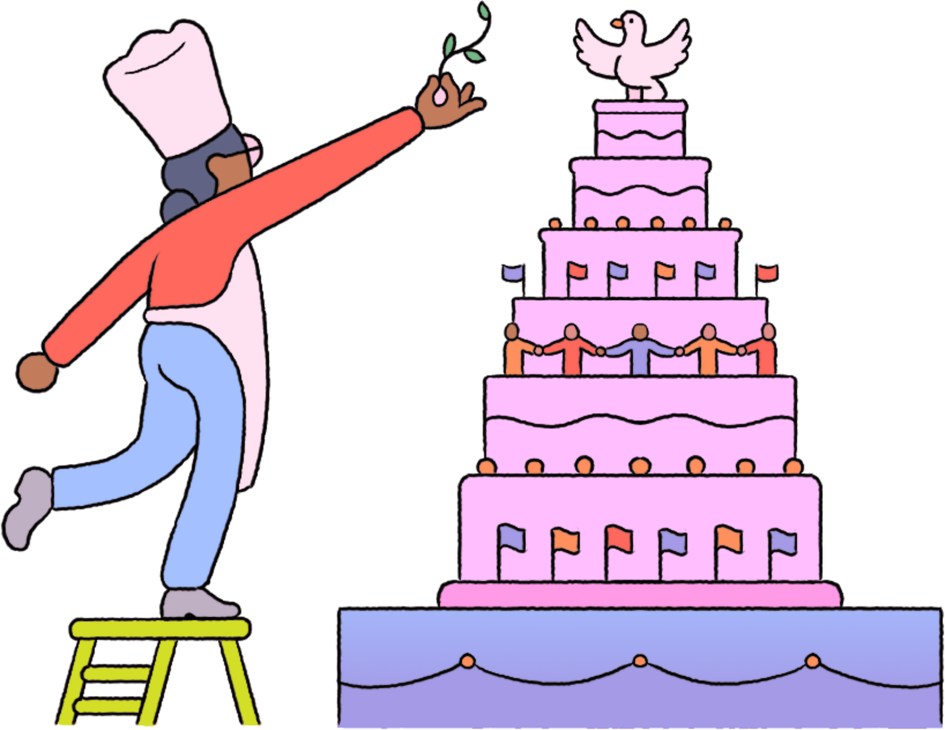 A chef in white hat decorating an elaborate multi-tiered pink wedding cake topped with a dove