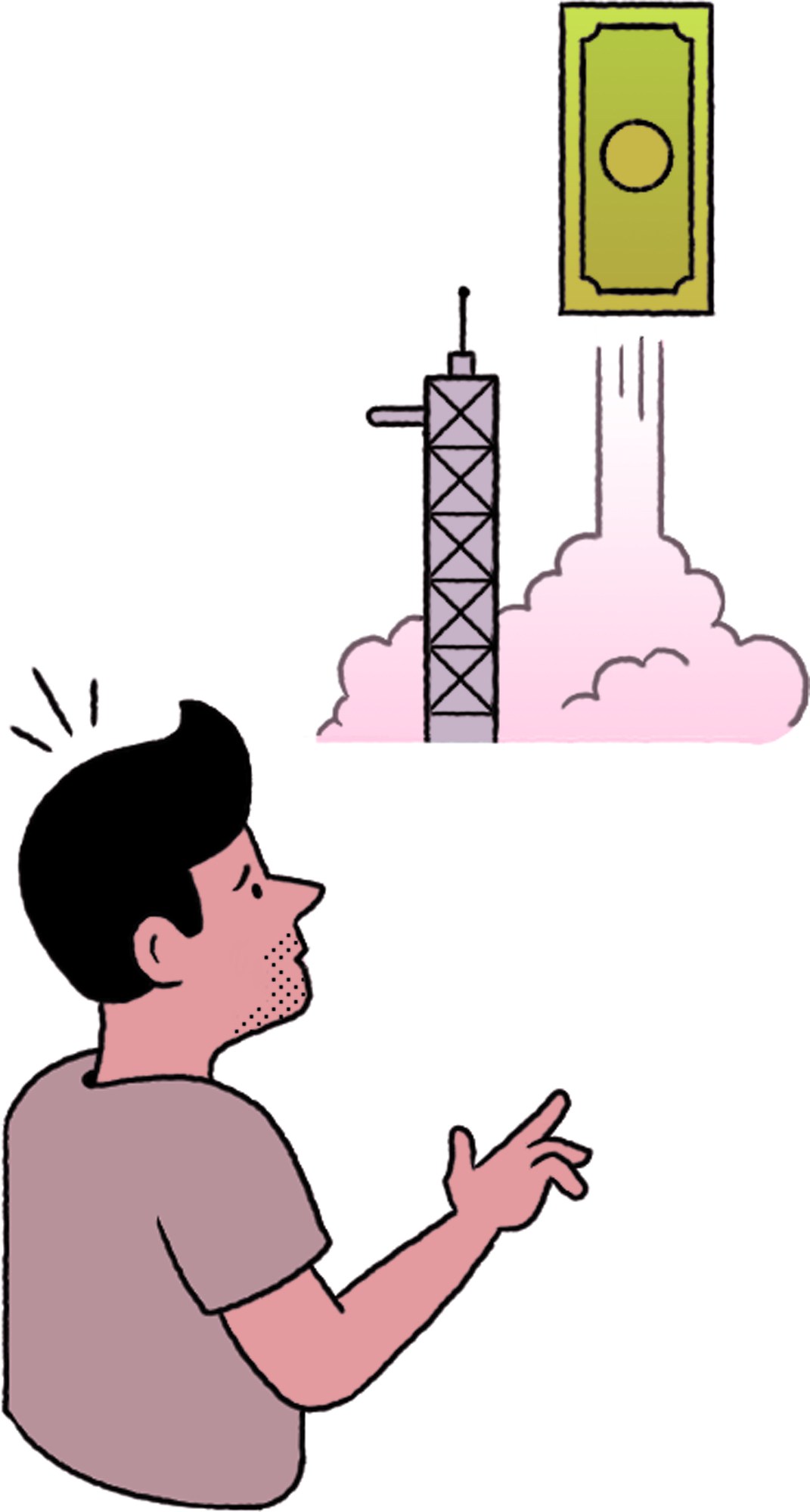 Man in profile looking up at industrial smokestacks with pink smoke and dollar bill illustration above