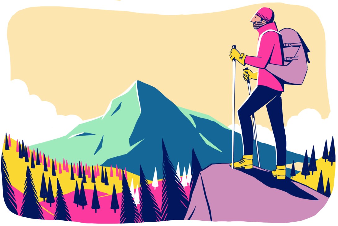 Illustrated hiker in pink jacket with backpack and walking poles standing on hillside overlooking colorful forest and mountain