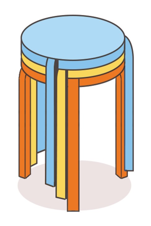 Illustration of Stattmann's Add Stools in blue, yellow and orange, stackable wooden stools with round seats.