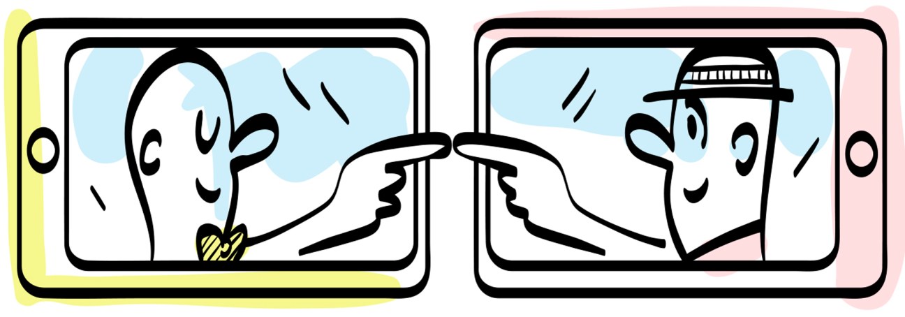 Illustration of two people on mobile video call screens connecting remotely.