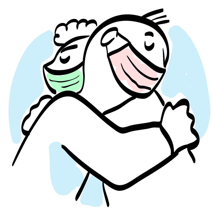 Illustration of two stylized figures embracing and smiling, one wearing green and one wearing pink.