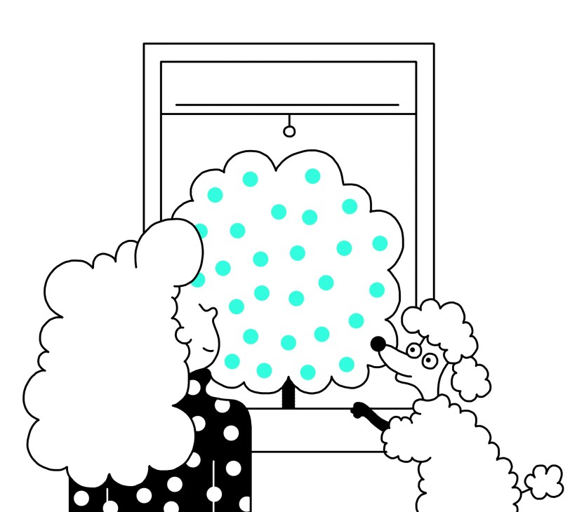 Illustration of a window with turquoise polka-dotted pattern and surrounding trees and buildings.