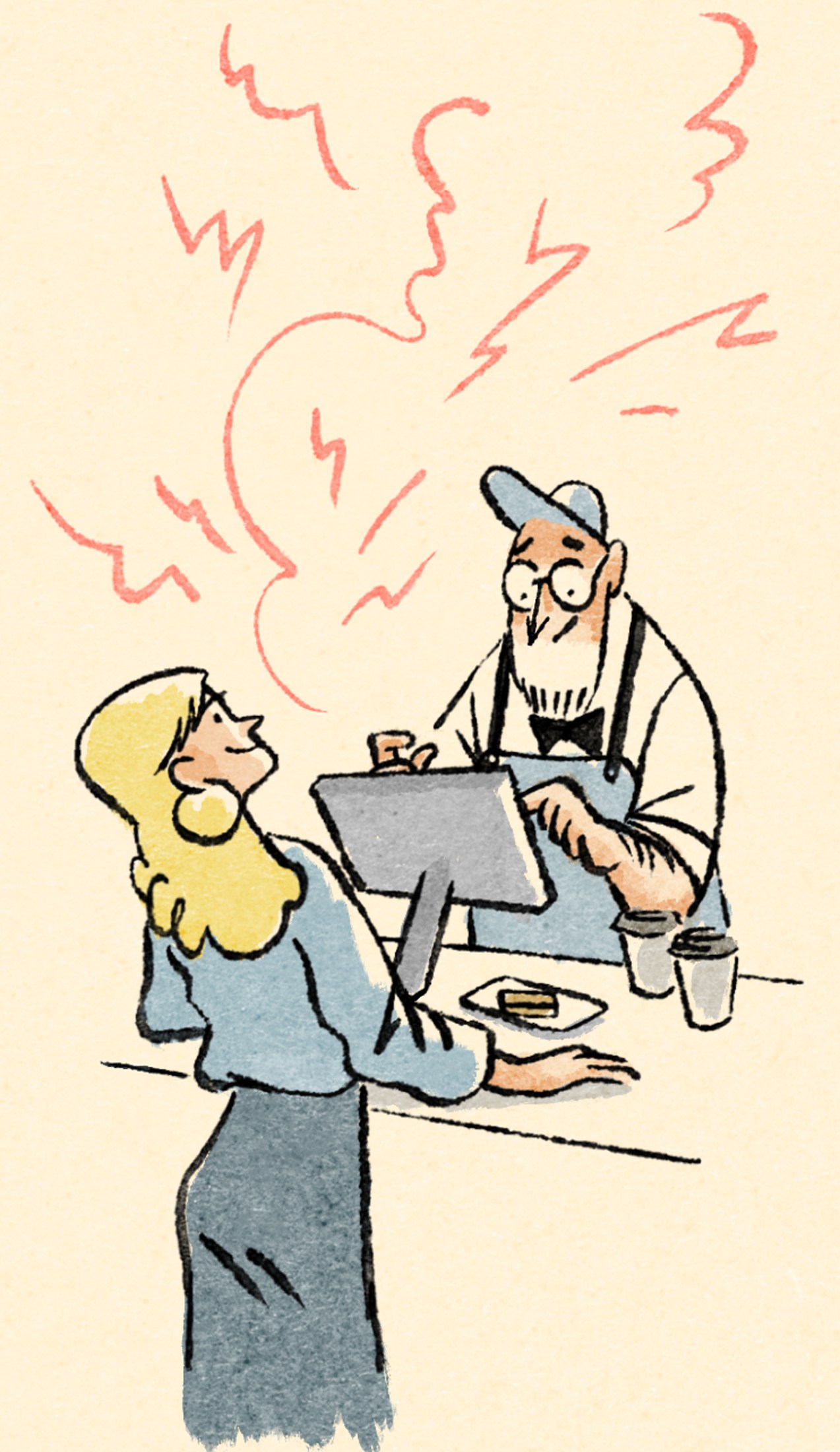 Cartoon illustration of woman at counter with bearded man using tablet point-of-sale system