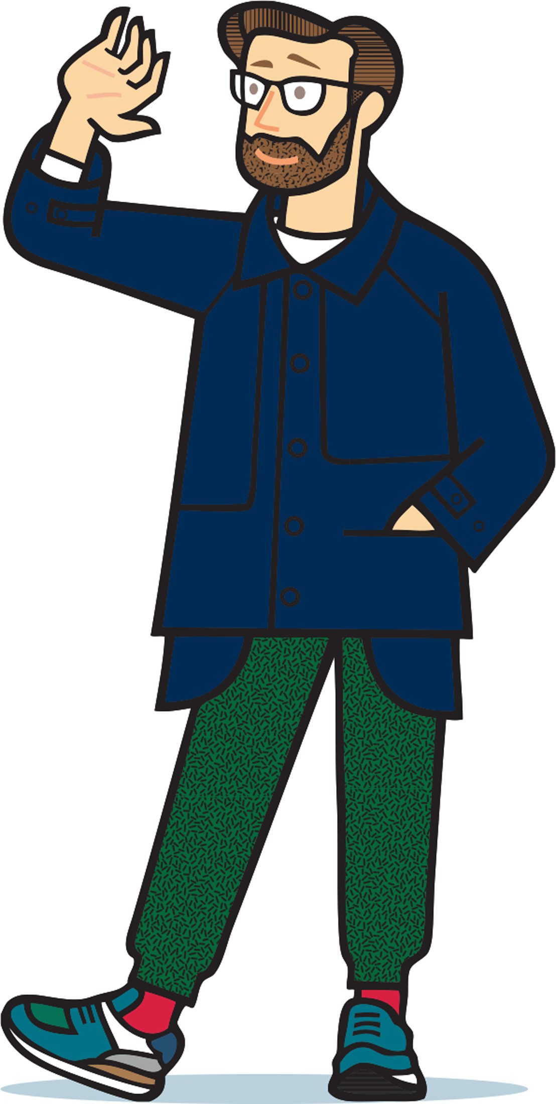 Illustration of a man wearing a navy Neithers balmacaan jacket and green patterned trousers.