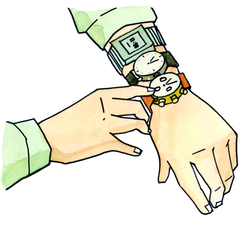 Close-up illustration of hands wearing multiple Swiss watches on both wrists