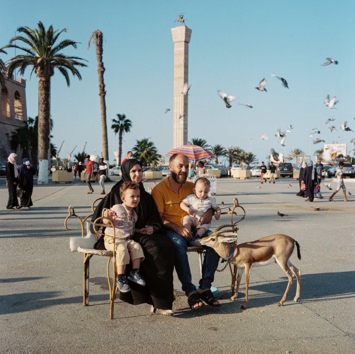 Family with children sitting on bench in public square with small deer nearby and seagulls flying overhead